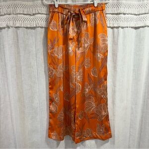 Joie Orange Floral Satin Palazzo Pants Belted Size 6 Wide Leg